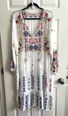 JOHNNY WAS Daisy White Floral Embroidered Tassel Midi Dress Sz XXL *No Lining*